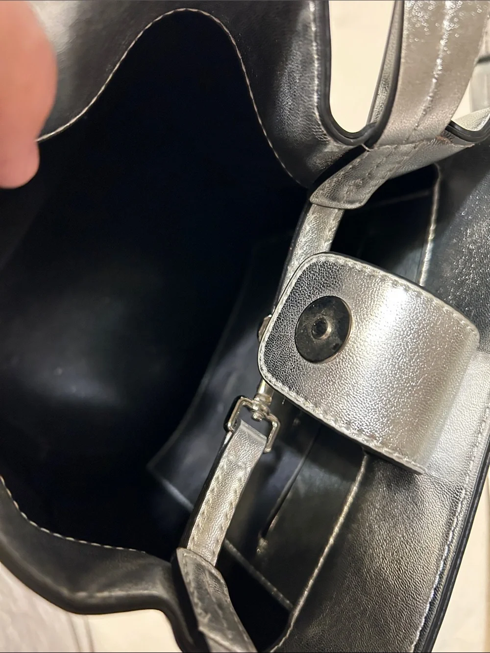 French Connection Silver Metallic Leather Crossbody Bucket Bag